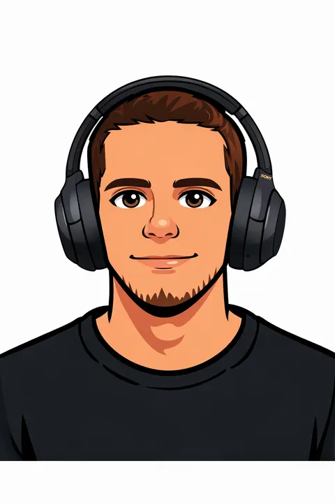 Illustrated portrait of Ruben Rodrigues wearing headphones